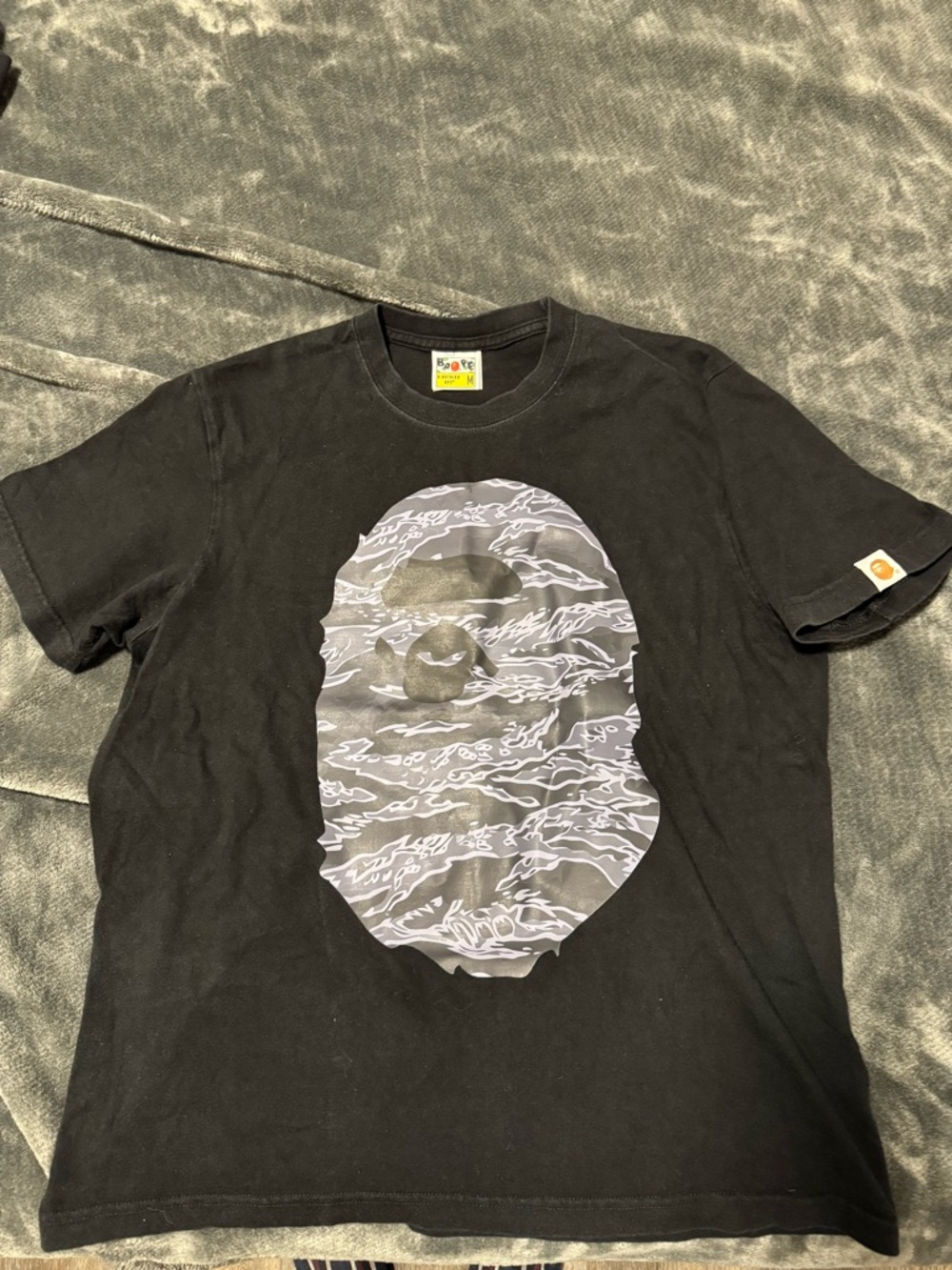 Bape Black Tee with Gray Camo Ape Head Graphic